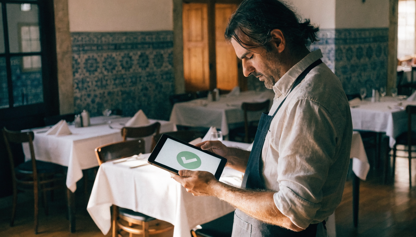 Dono de restaurante em Lisboa a consultar reservas automáticas com IA num tablet