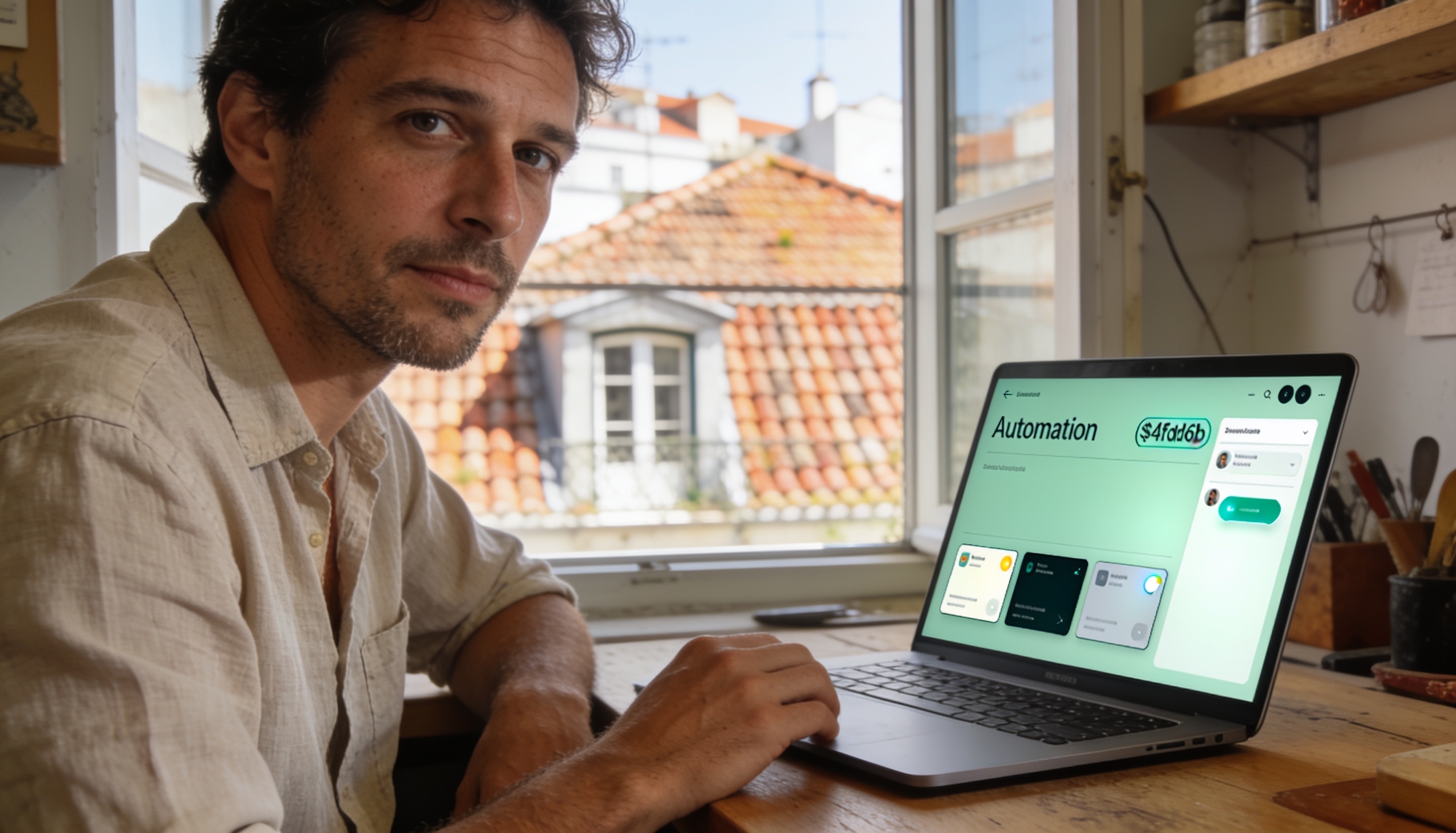 Dono de pequeno negócio em Lisboa a ver um sistema de automação com IA no portátil