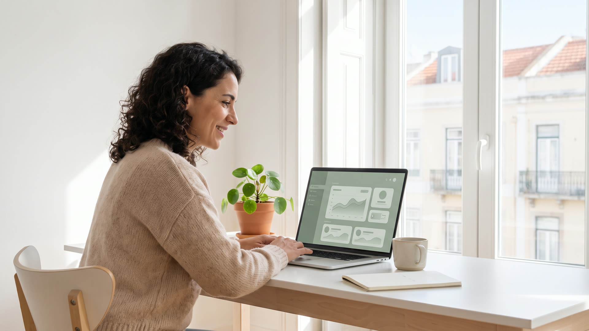 Small business owner in Portugal weighing up an investment in artificial intelligence on a laptop