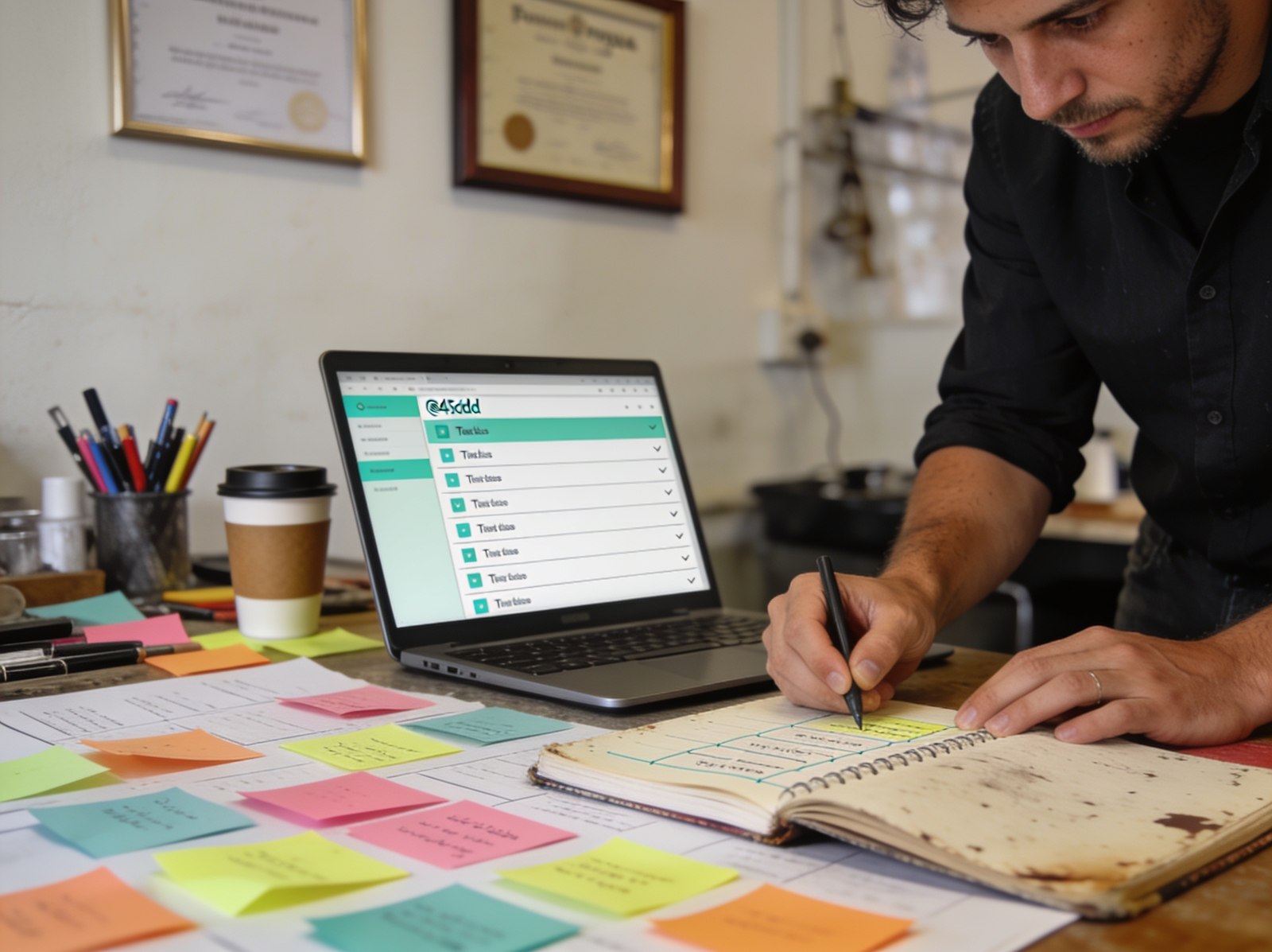 Dono de negócio a mapear tarefas repetitivas do negócio em post-its antes de automatizar
