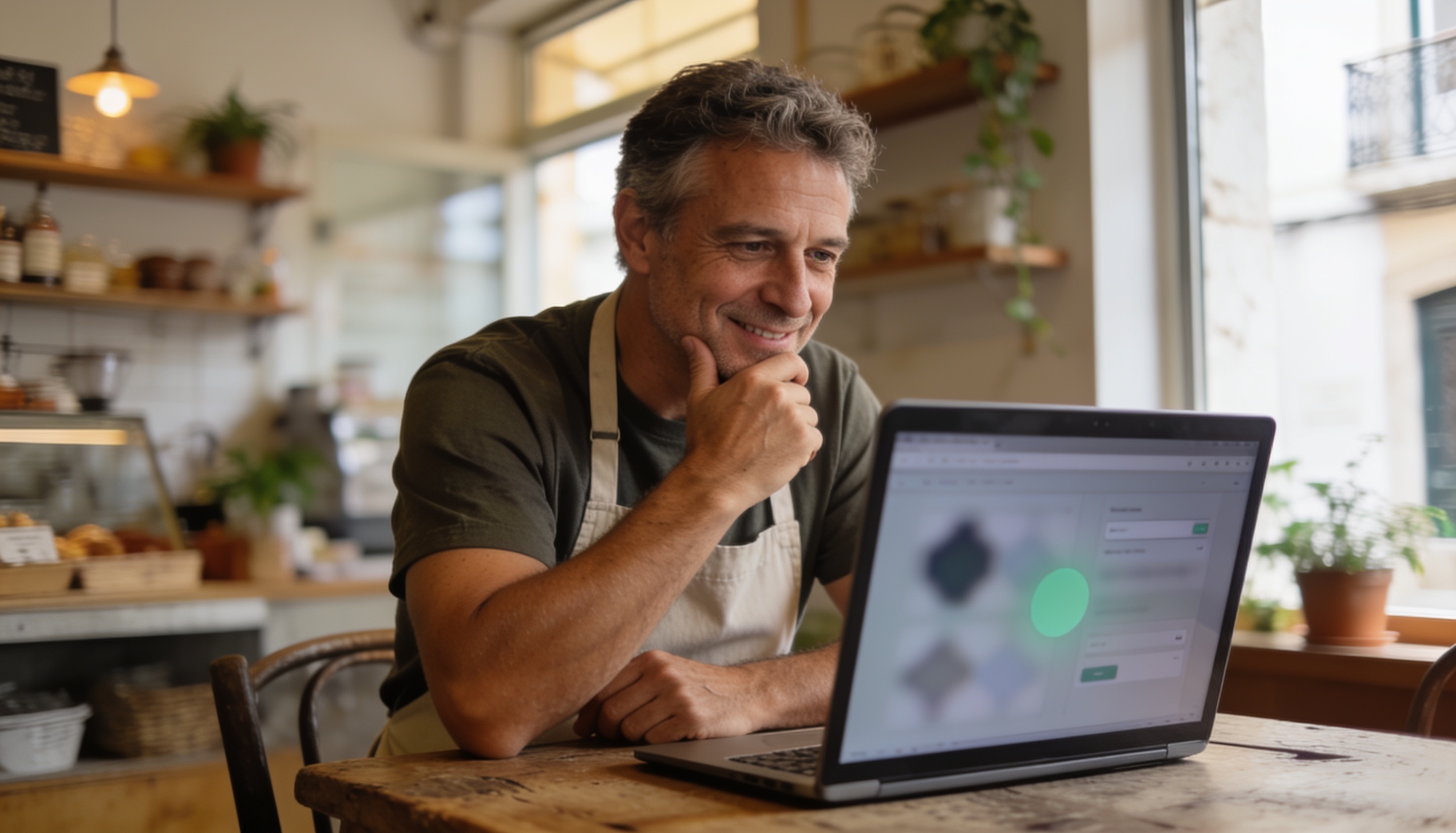 Dono de pequeno negócio em Lisboa a comparar ferramentas de inteligência artificial no portátil