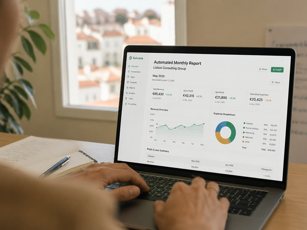 Relatório mensal automático gerado por IA para uma pequena empresa em Portugal
