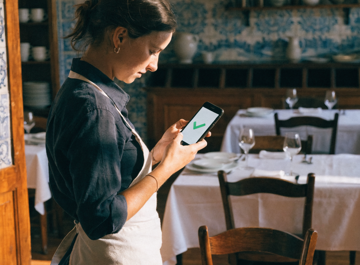 Equipa de sala de restaurante em Lisboa a confirmar reserva automática no telemóvel